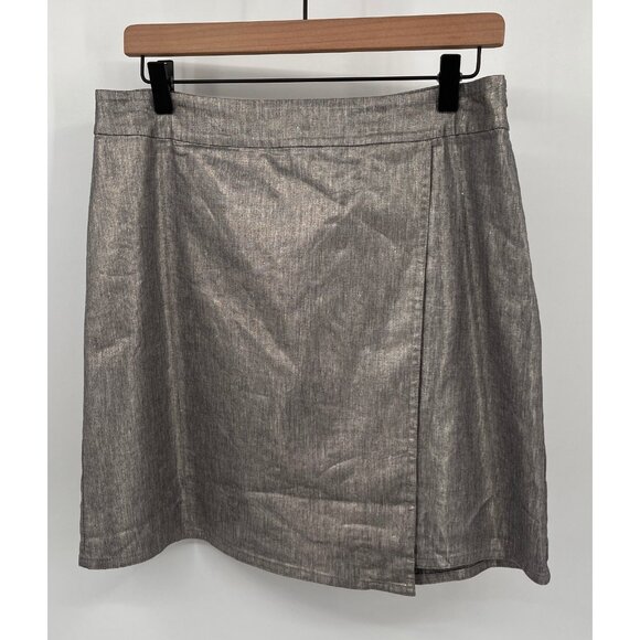 Eileen Fisher Faux Wrap Skirt Size Petite M Silver Metallic Linen Blend - Picture 1 of 9